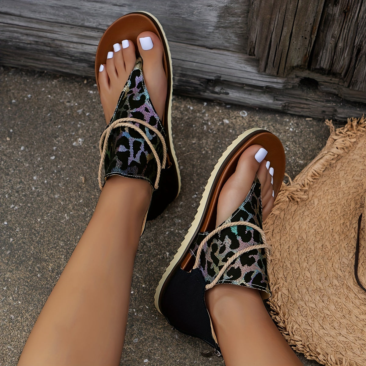 Leopard Print Toe Woven Flat Sandals Women's Back Zipper Summer Sandals