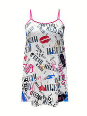 Sexy Nightdress Women's Plus Kiss & Letter Print Contrast Round Neck