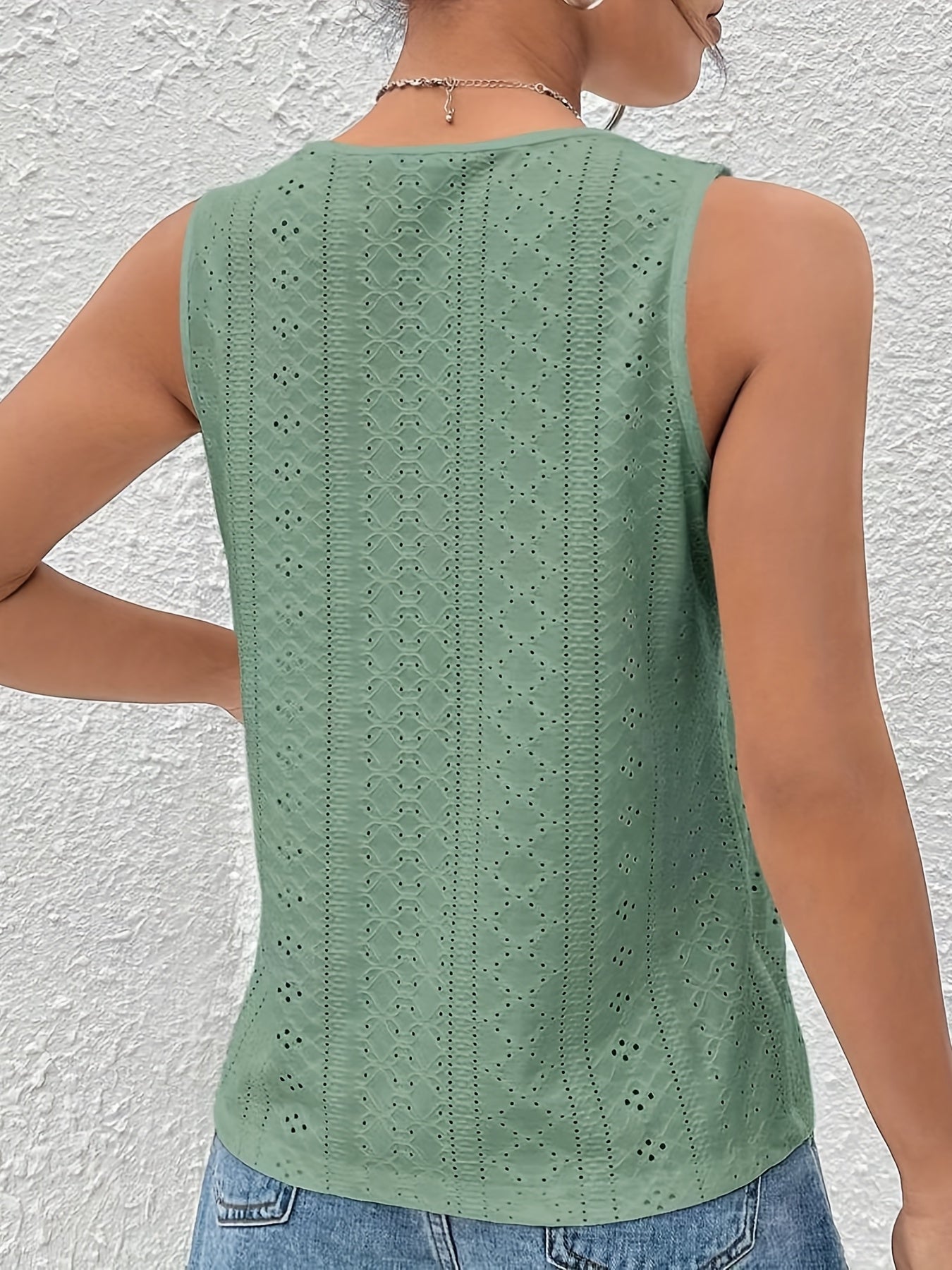 Eyelet V Neck Tank Top Casual Sleeveless Tank Top