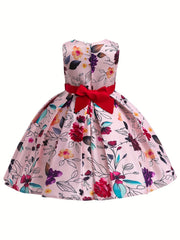 Girls Satin Flower Print Princess Dress Bow Front Evening Dress