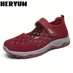 Women's Breathable Knit Sneakers Comfortable Closed Toe Hook & Loop Strap Shoes