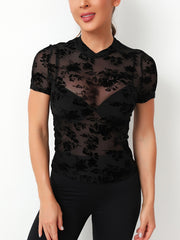 Flower Mesh Round Neck Sports T shirt Breathable Bodycon Short Sleeve Top