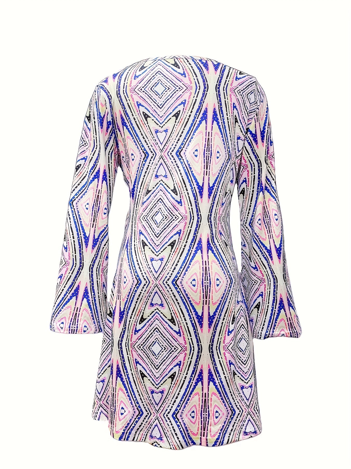 Argyle Print Flared Sleeve Round Neck Dress