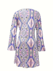 Argyle Print Flared Sleeve Round Neck Dress
