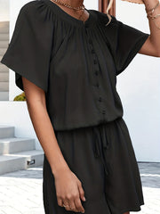 Women's Plus Size Button Up Short Sleeve Drawstring Waist Romper