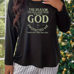 Cross & Letter Print Long Sleeve Crew Neck Pajama Top