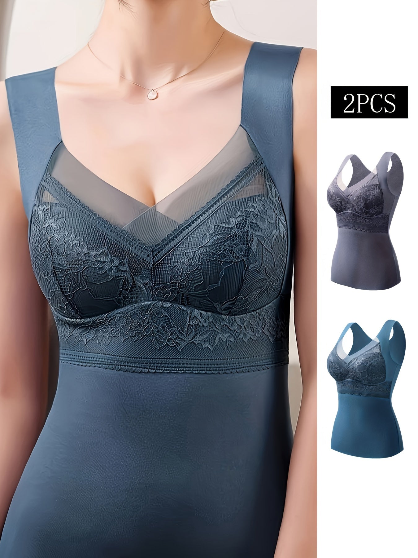 2pcs Lace V Neck Tank Tops Sleeveless Thermal Underwear