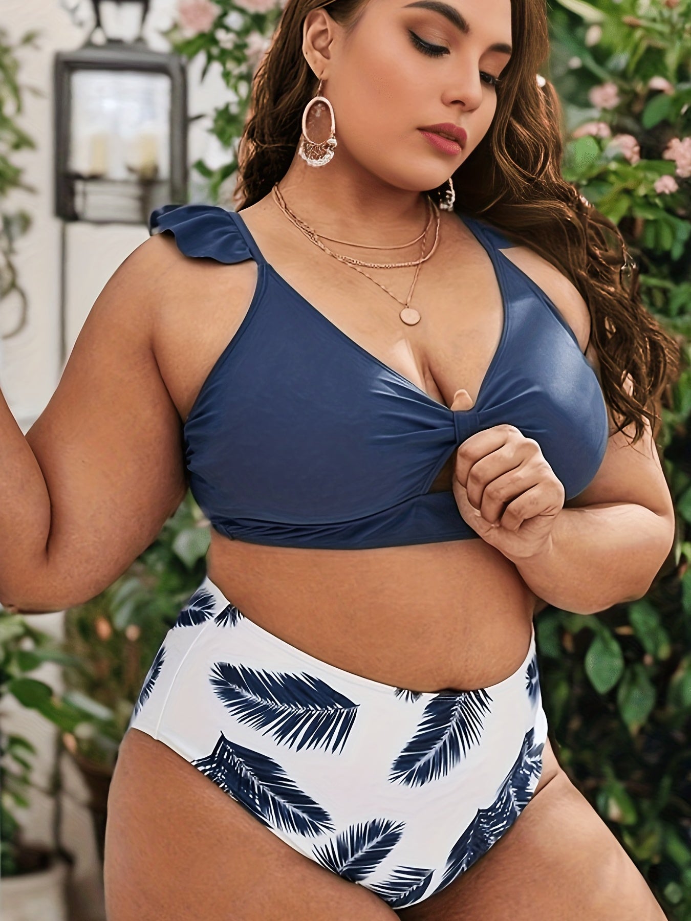 Vacay Tankini Set Women's Plus Plain Ruffle Trim Two Piece