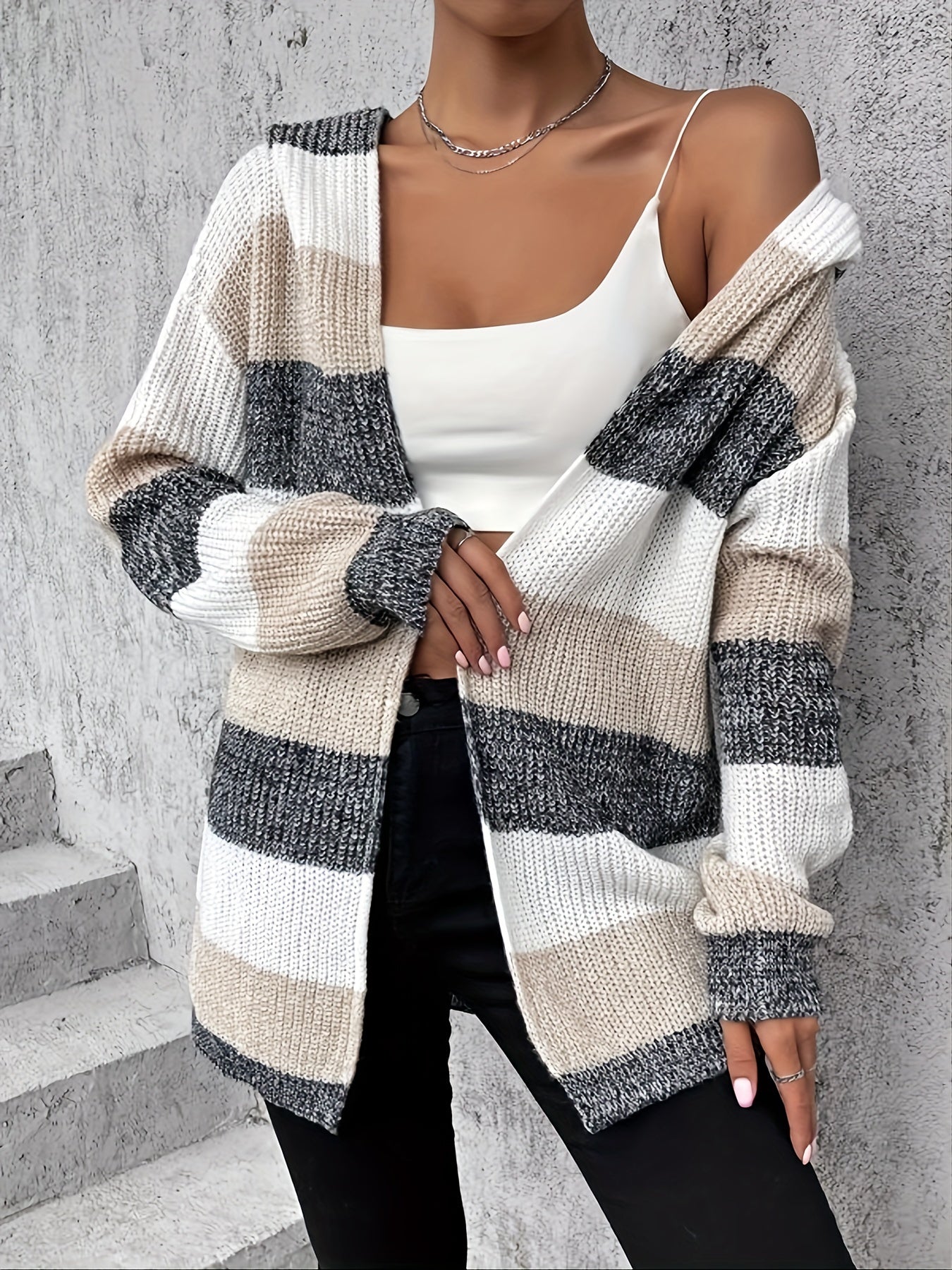 Block Hooded Cardigan Long Sleeve For Women