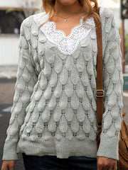 V Neck Sweater with Lace Long Sleeve
