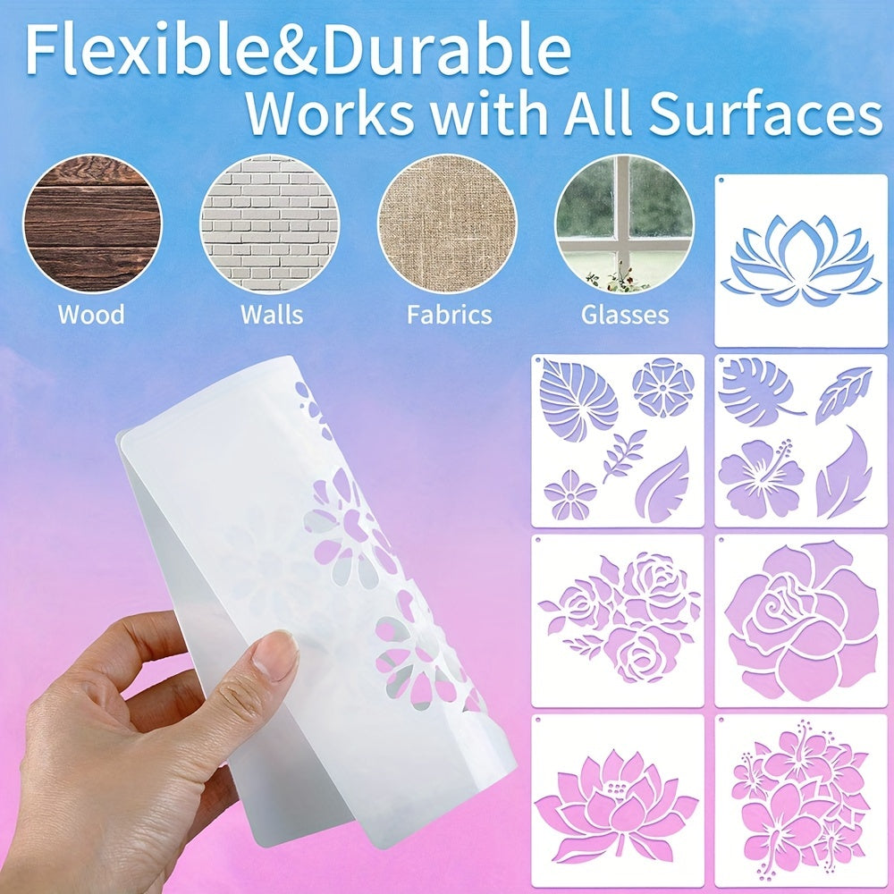 16pcs Reusable Flower Stencils with Metal Ring - DIY Painting Templates
