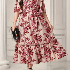 Women's Plus Floral Print Flutter Sleeve Maxi Smock Dress with Belt