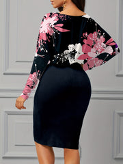 Floral Print Bodycon Ruched Dress Long Sleeve Dress Women's Clothing
