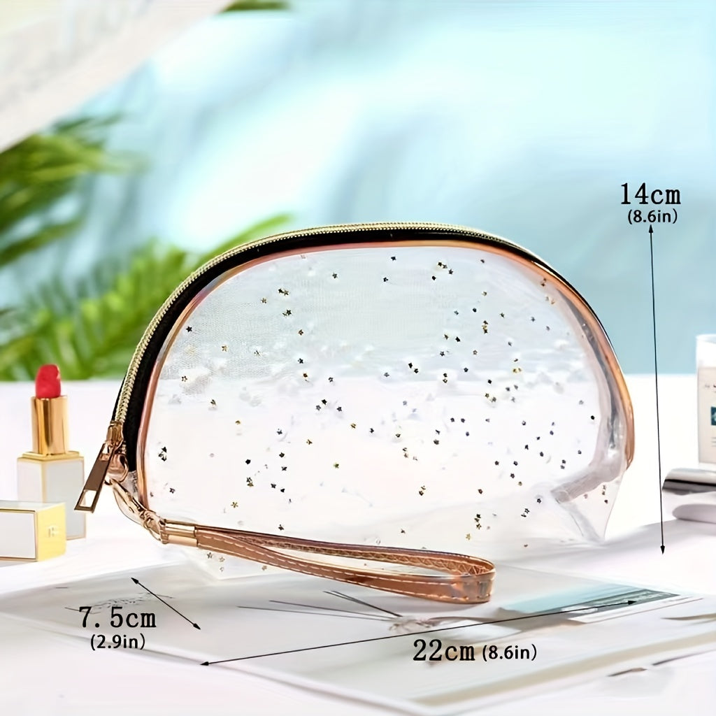 Semicircle Stars Sequin Makeup Bag With Wristlet Dumpling Toiletry Mesh Pouch
