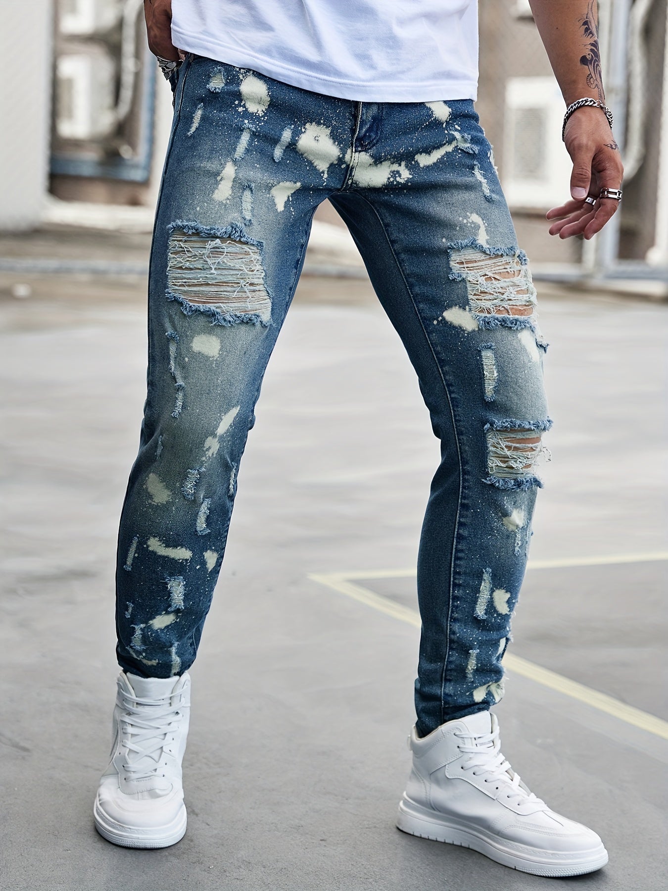 Slim Fit Ripped Jeans Men's Casual Street Style Denim Pants