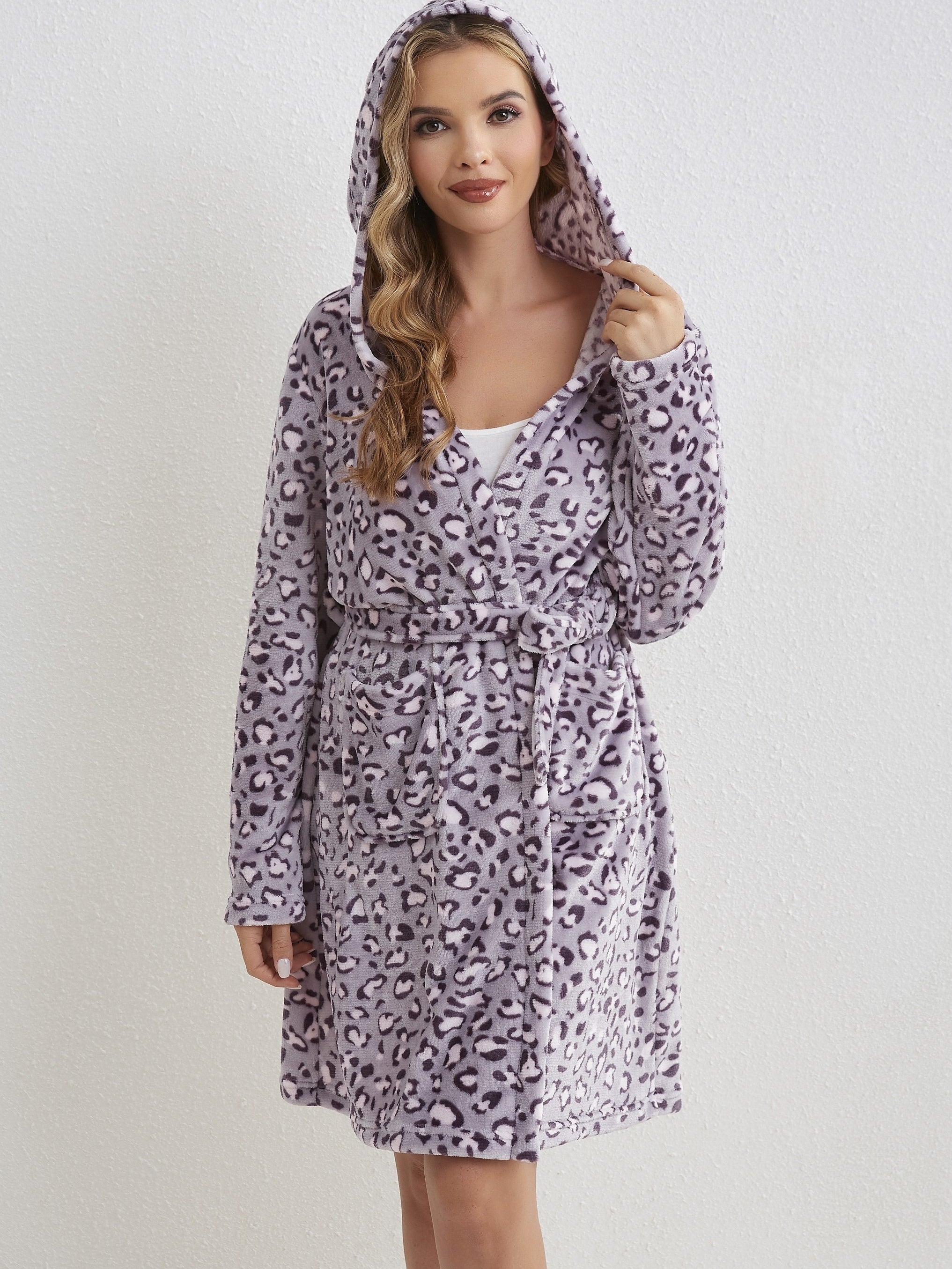 Leopard Hooded Fuzzy Night Robe Warm Long Sleeve Robe