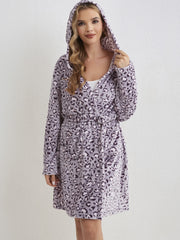 Leopard Hooded Fuzzy Night Robe Warm Long Sleeve Robe
