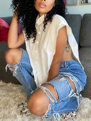 Sexy Blouse Solid Button Up Cap Sleeve Split Side Blouse