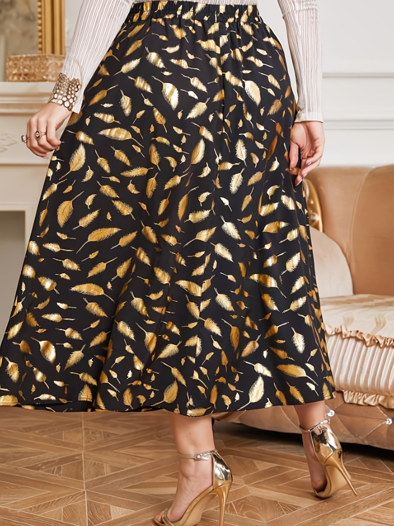 Boho Skirt Women's Plus Golden Feather Print Maxi Skirt