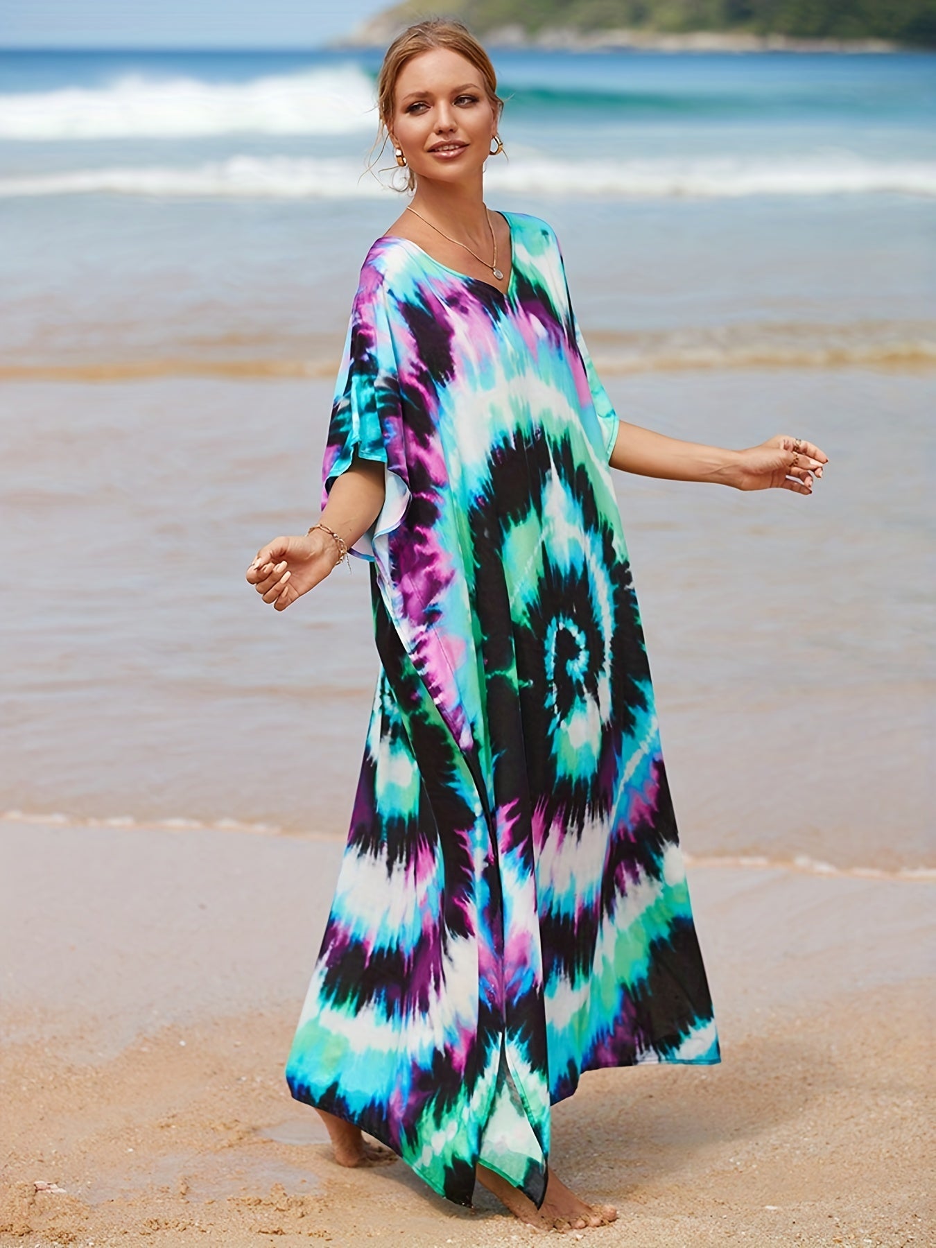 Tie Dye Bat Sleeve V Neck Cover Up Dress