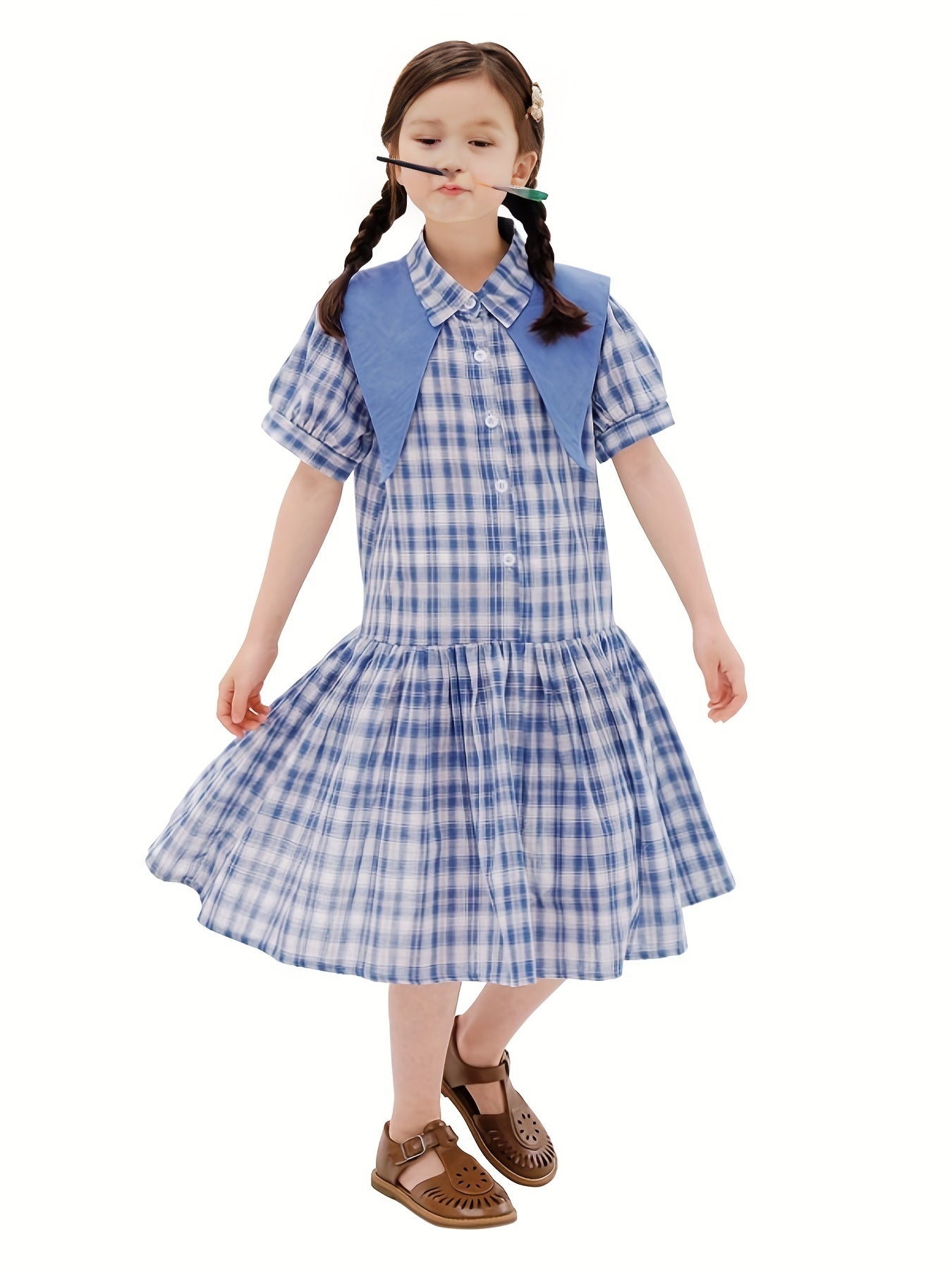 Girl's Cotton Plaid One piece Dress Casual Puff Sleeve Lapel Princess Dress