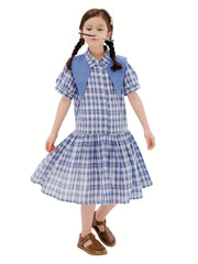 Girl's Cotton Plaid One piece Dress Casual Puff Sleeve Lapel Princess Dress