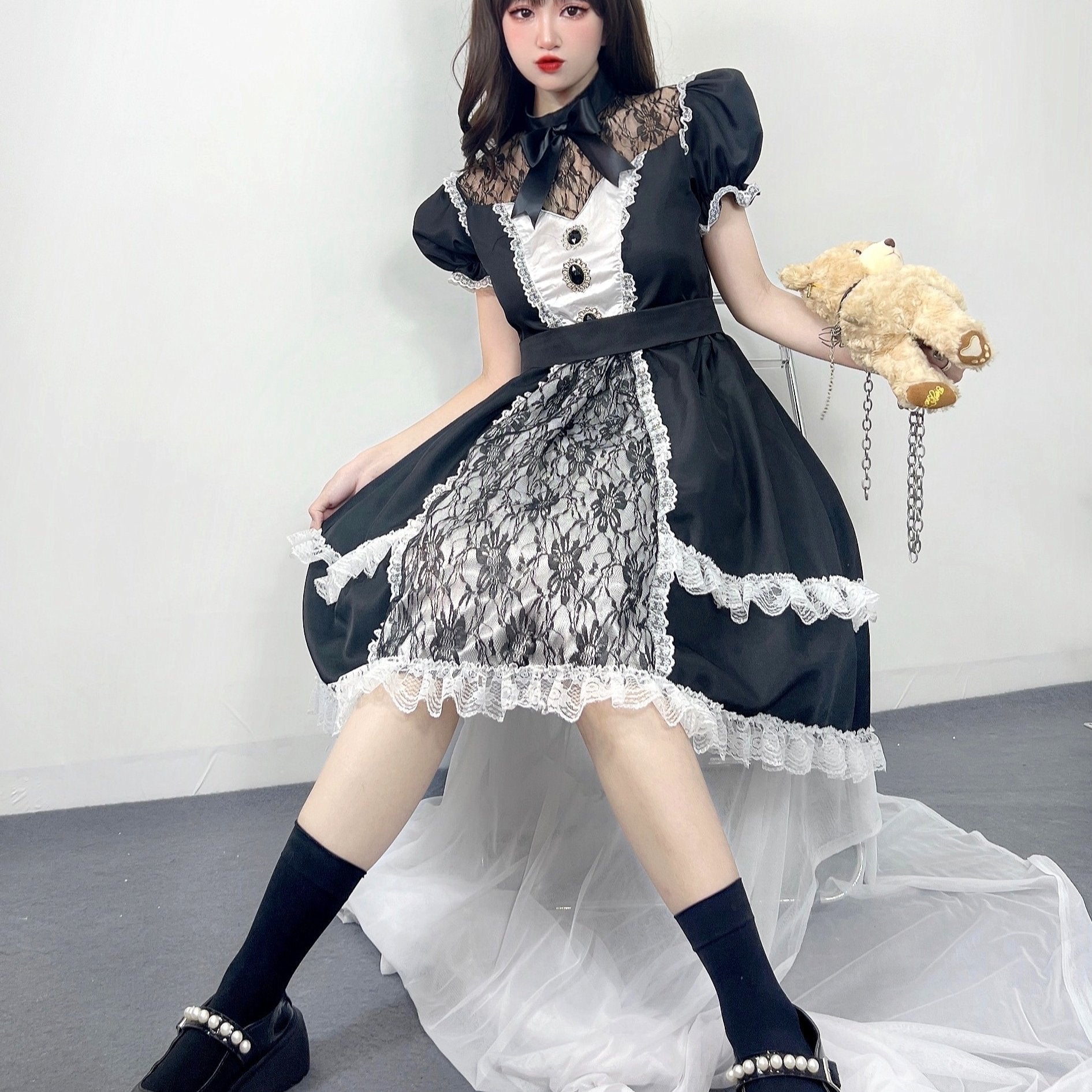 Halloween Lolita Lace Dress Illusion Neckline Puff Sleeve A-Line