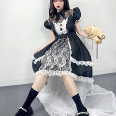 Halloween Lolita Lace Dress Illusion Neckline Puff Sleeve A-Line