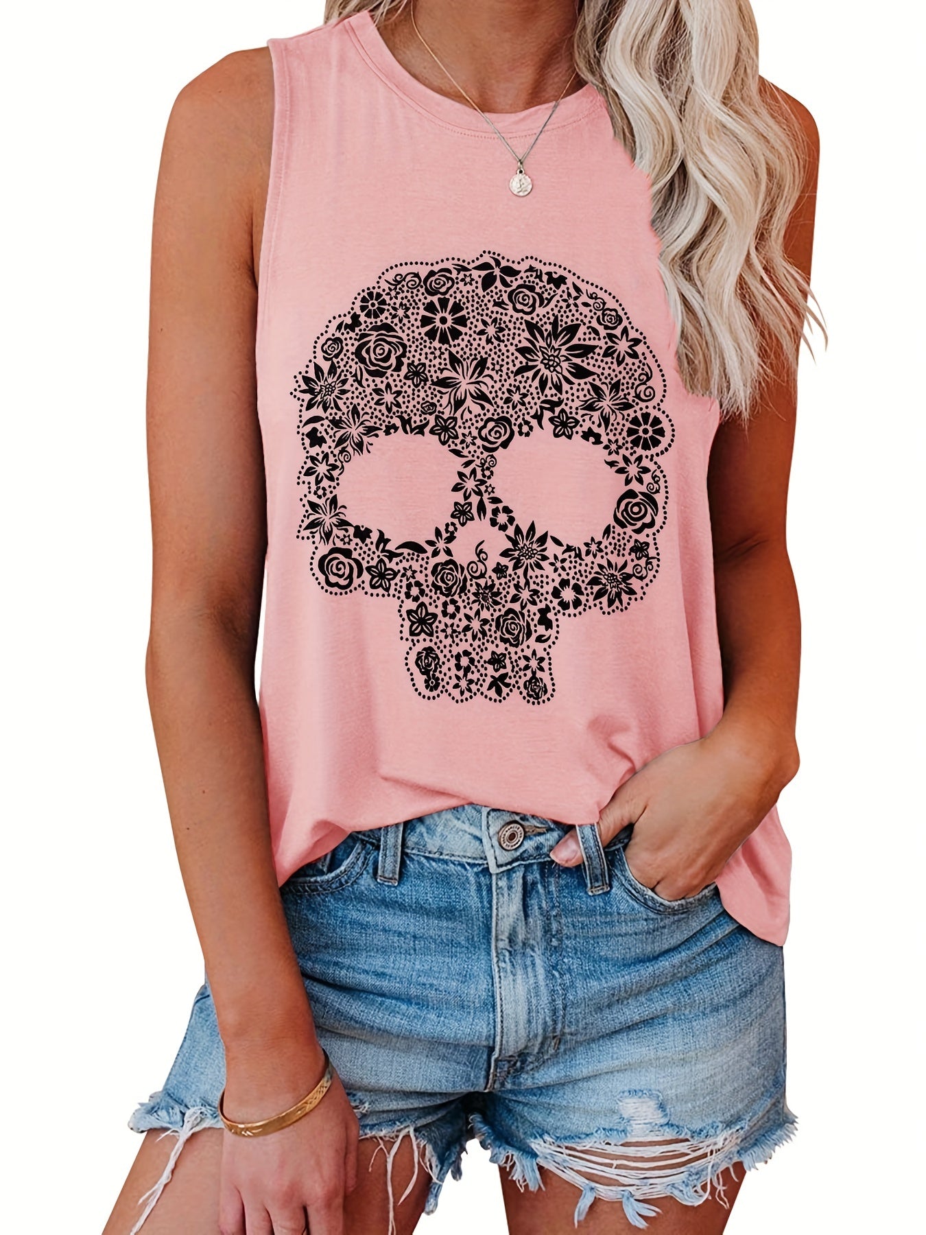 Skull & Flower Print Tank Top Sleeveless Casual Summer Women's Clothing