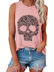 Skull & Flower Print Tank Top Sleeveless Casual Summer Women's Clothing