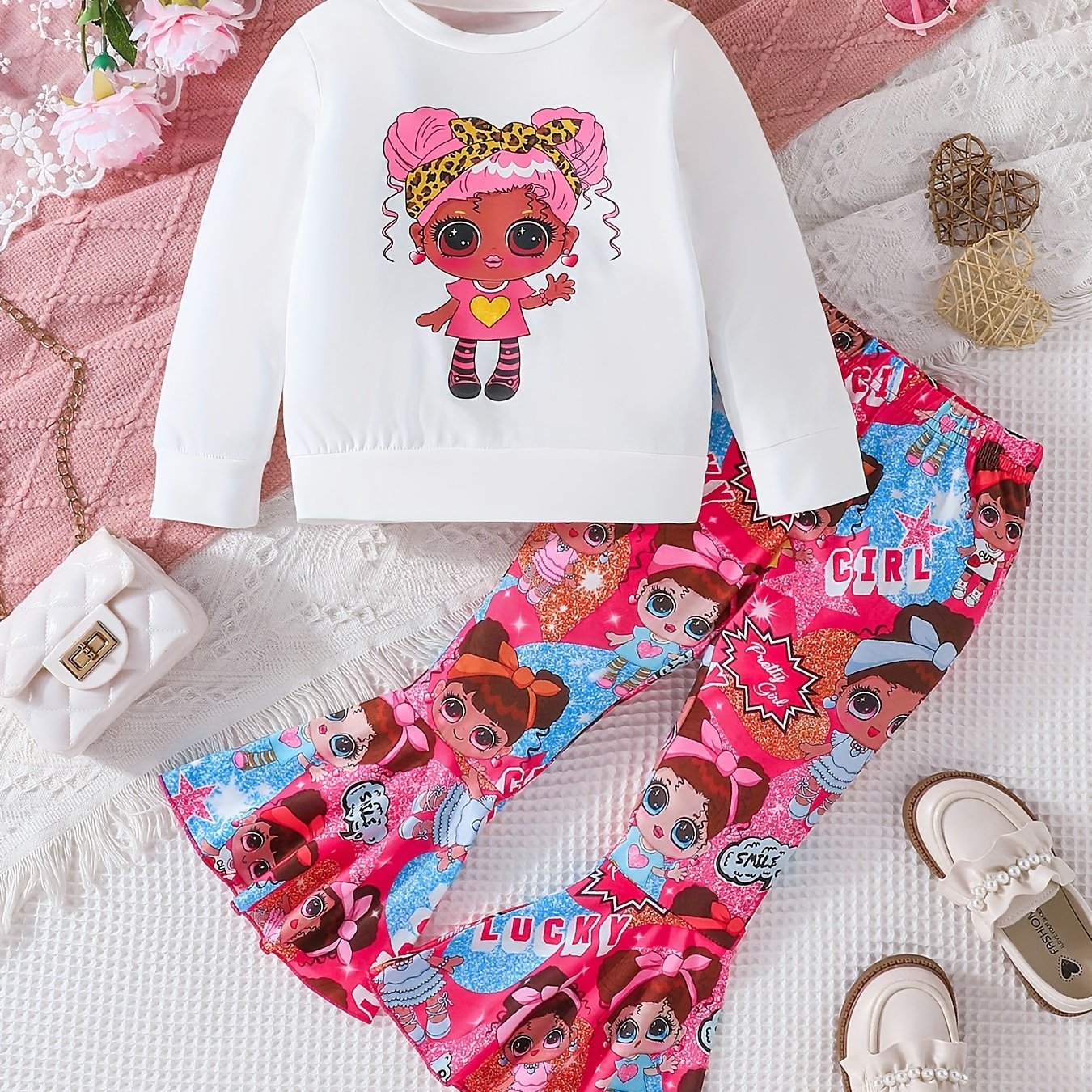 Anime Girl Pattern Sweatshirt & Flared Pants Set for Girls