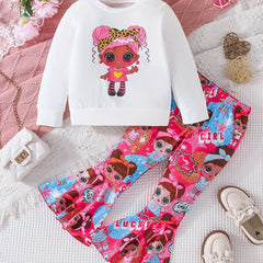 Anime Girl Pattern Sweatshirt & Flared Pants Set for Girls