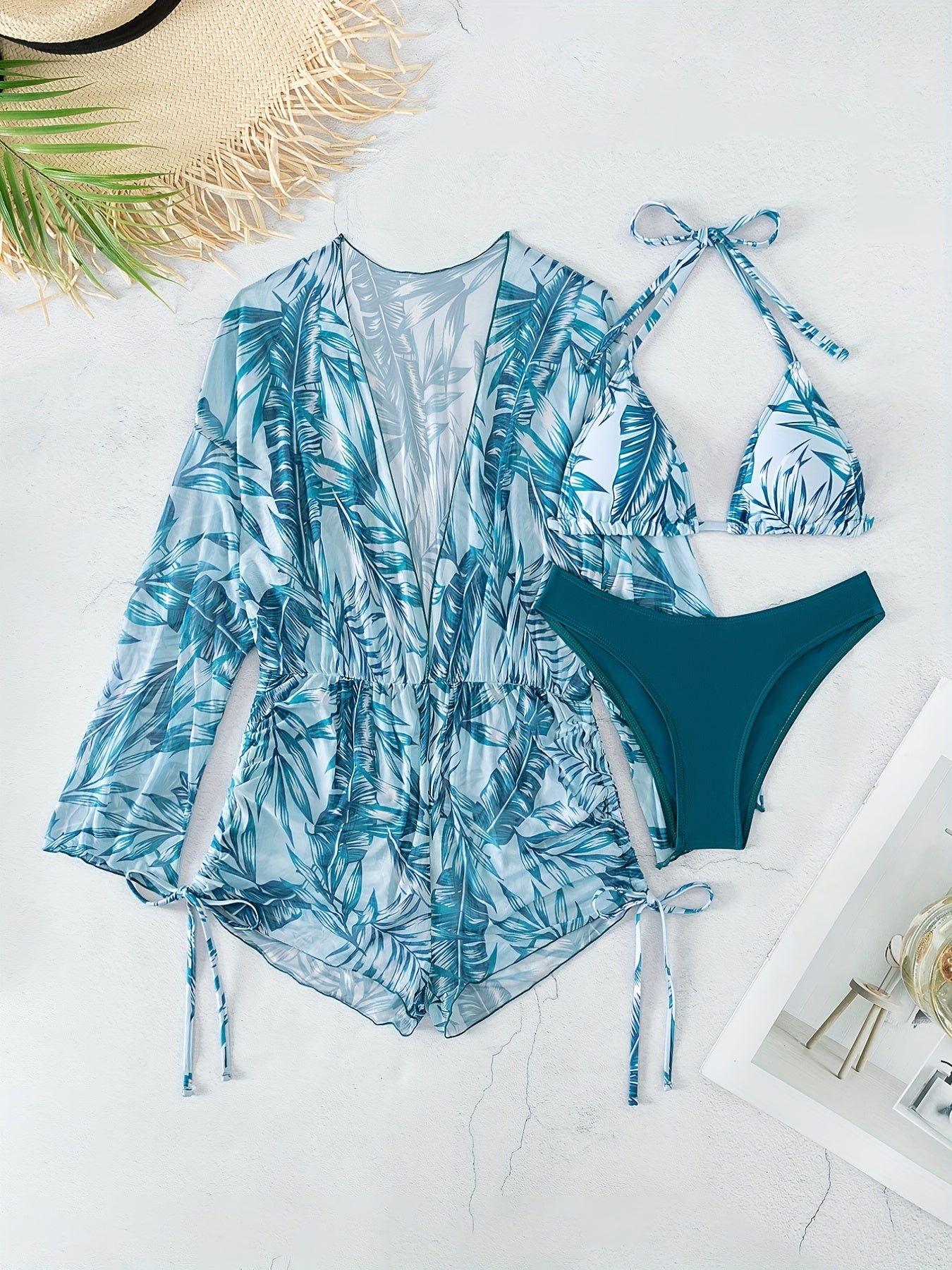 Leaf Print Bikini Set Halter Triangle Tie High Cut With Cover Up Swimsuit