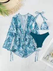 Leaf Print Bikini Set Halter Triangle Tie High Cut With Cover Up Swimsuit