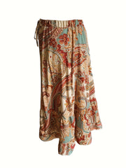 Boho Maxi Skirt Paisley Floral Print Drawstring Elastic High Rise