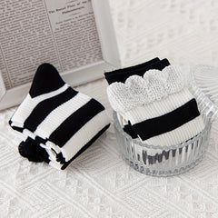 Striped Ruffle Socks 2 Pairs Comfy Mid Tube Socks Women's Stockings