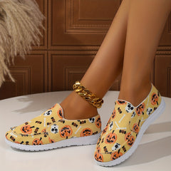 Skull & Pumpkin Print Slip-On Sneakers for Women