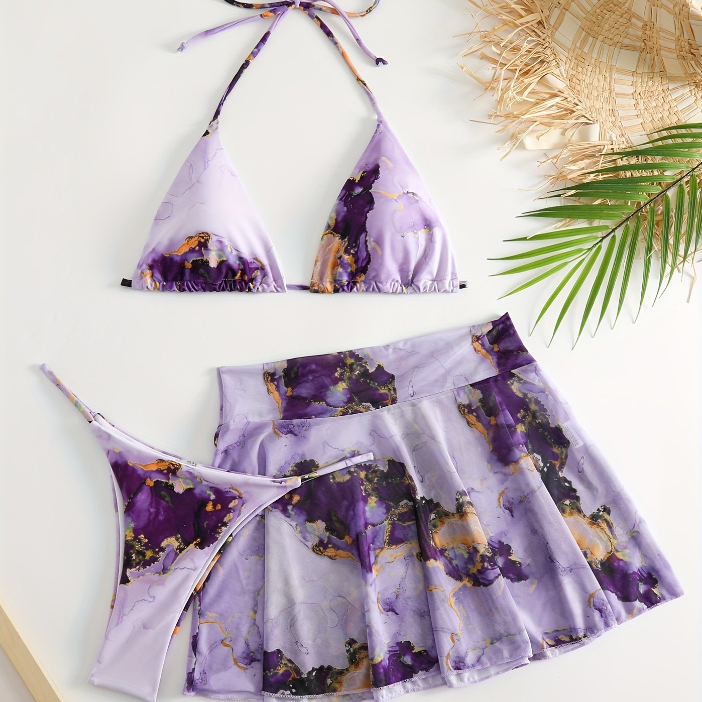 Tie Dye Bikini Set Halter V Neck Backless High Cut with Cover Up Skirt Swimsuit