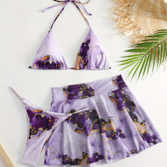 Tie Dye Bikini Set Halter V Neck Backless High Cut with Cover Up Skirt Swimsuit