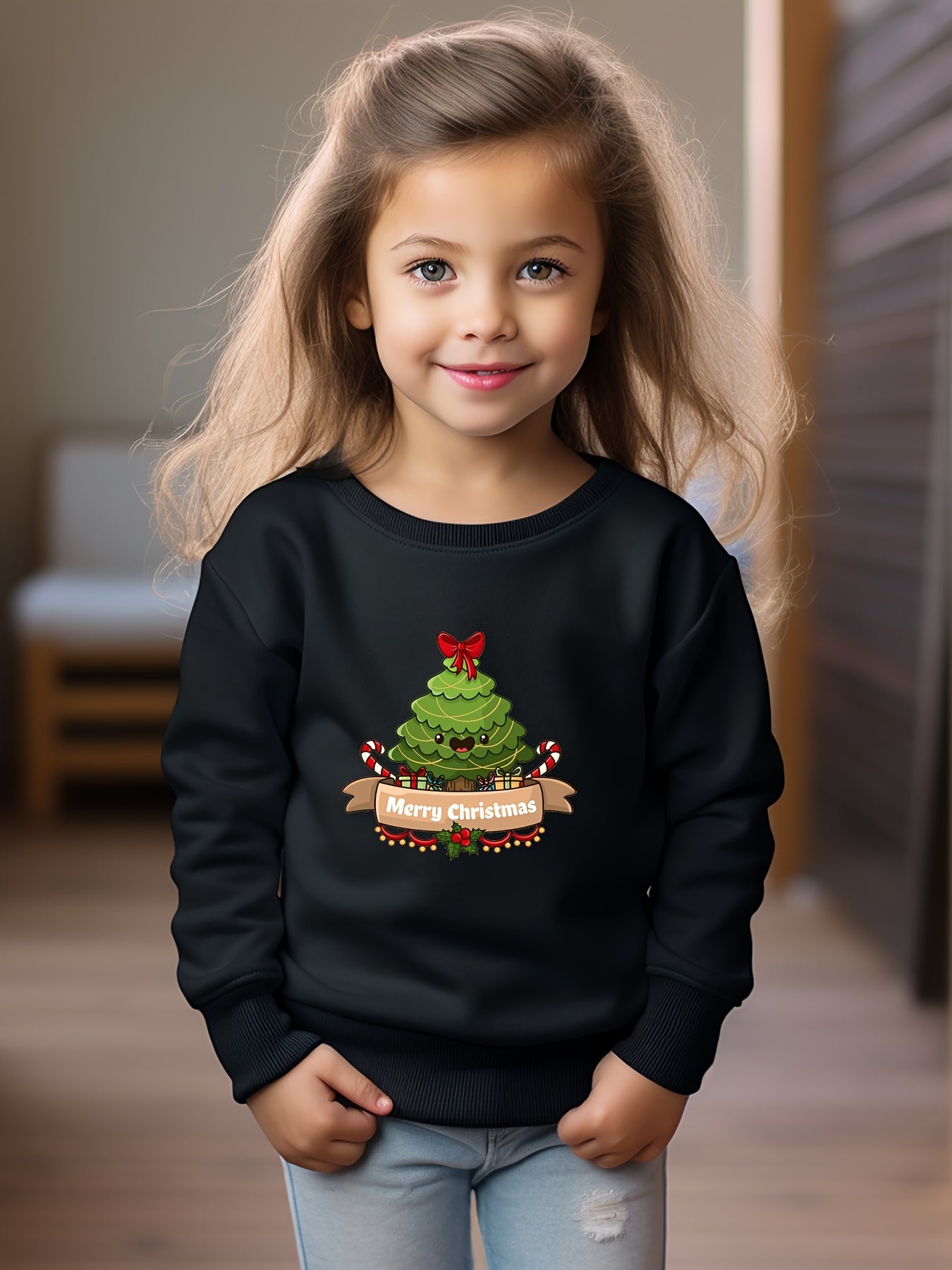 Candy Cane Tree Graphic Crew Neck Long Sleeve Sweatshirt for Kids