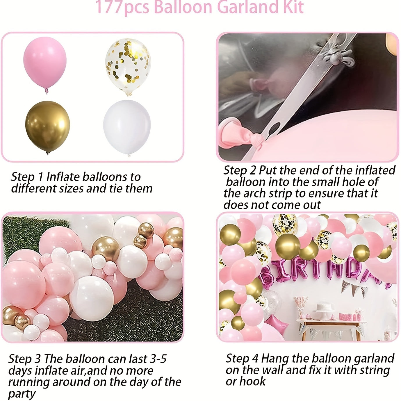 Pink Balloon Garland Kit with Tape, Strip & Ribbons - 177pcs