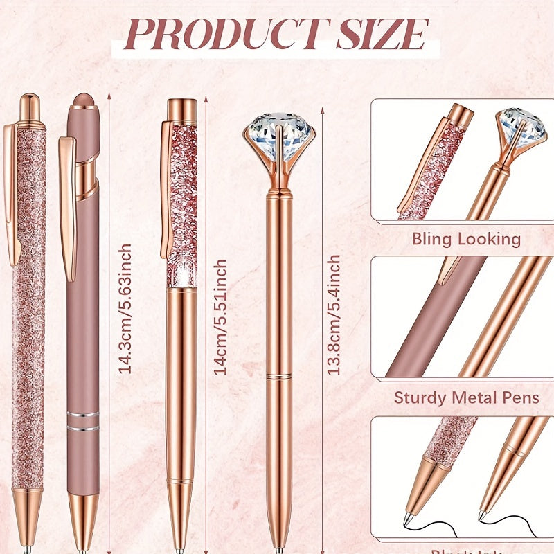 Metal Crystal Pen Set with Pen Holder, Glitter Fancy Ink Desktop Storage Box
