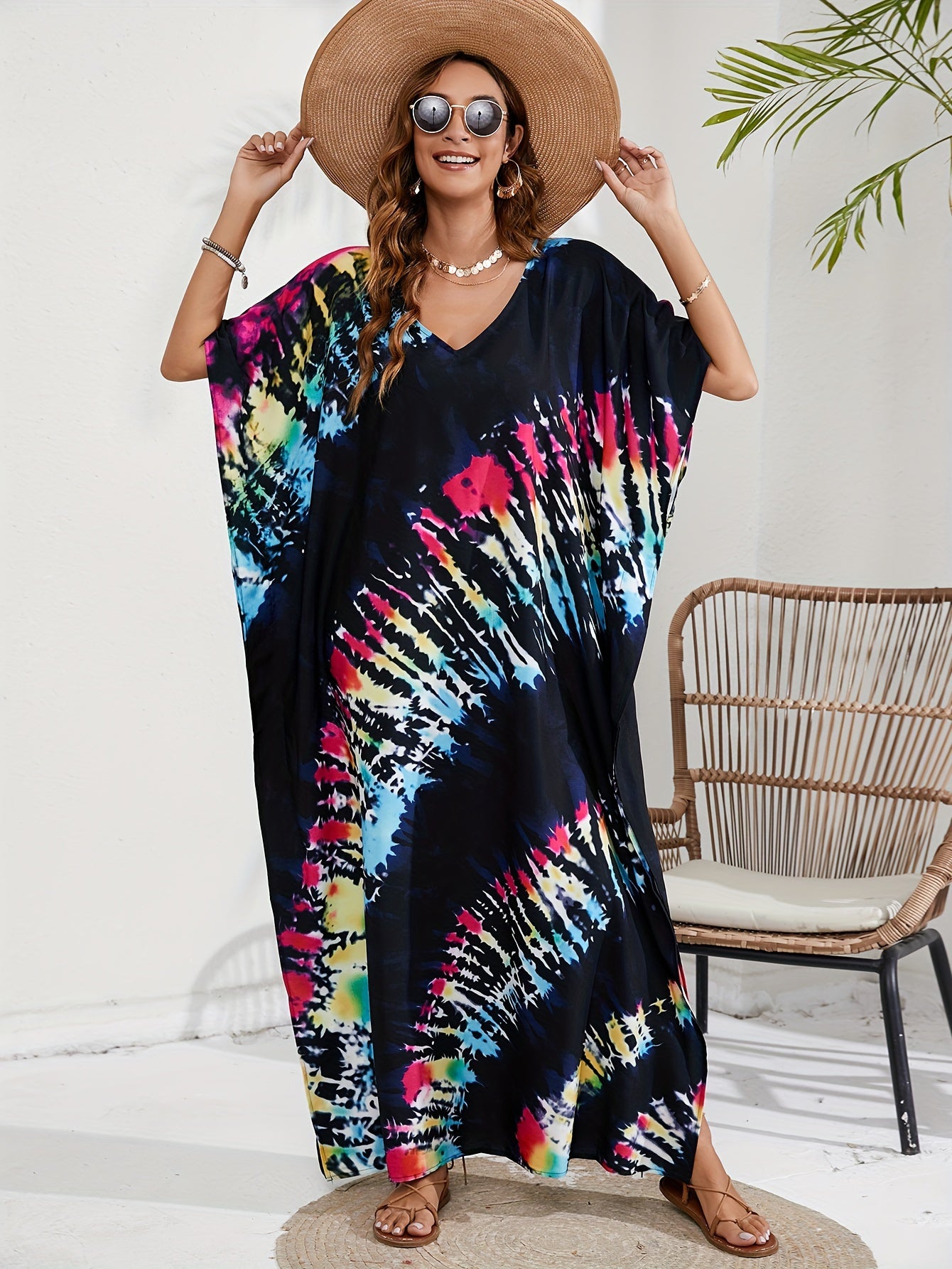 Tie Dye Batwing Sleeve V Neck Maxi Split Cover Up Dress