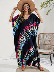 Tie Dye Batwing Sleeve V Neck Maxi Split Cover Up Dress