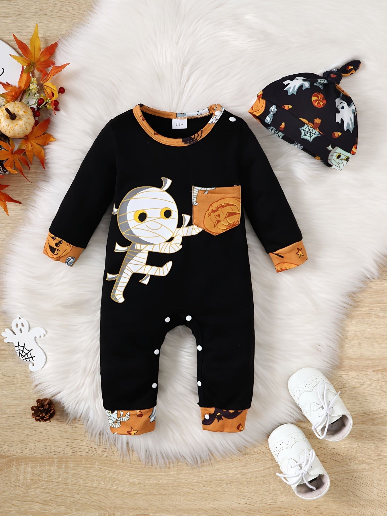 Cute Pumpkin Print Hooded Jumpsuit for Newborns