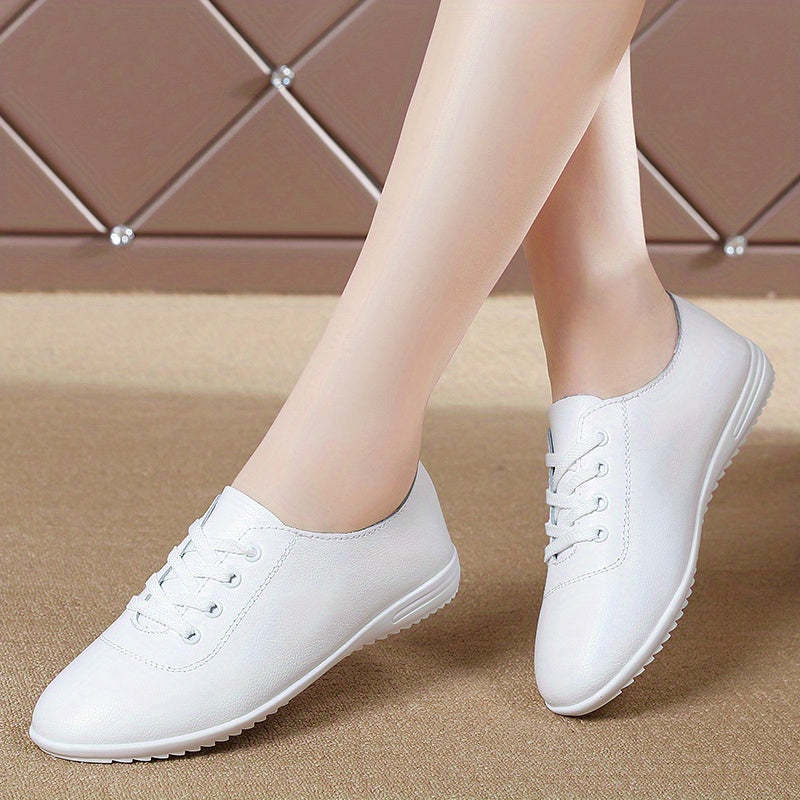 Faux Leather Lace Up Flat Shoes Anti slip Casual Comfortable Walking Shoes