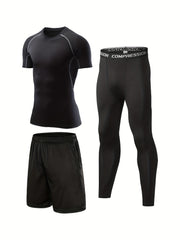 Men's 3-Pc Short Sleeve T-shirt Shorts Leggings Quick Drying Gym Outfit