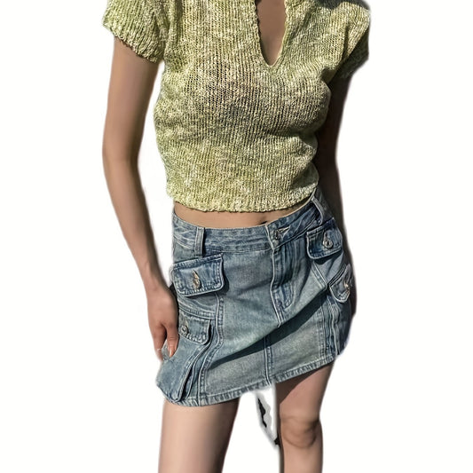 Slim V Neck Knit Sweater Short Sleeve for Spring & Summer