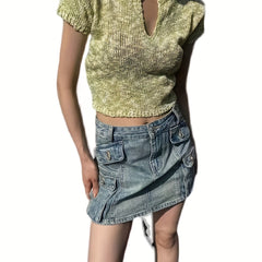 Slim V Neck Knit Sweater Short Sleeve for Spring & Summer