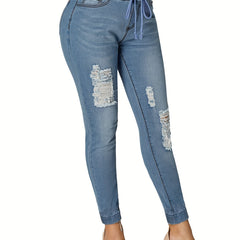 Solid Ripped Elastic Waist Jeans